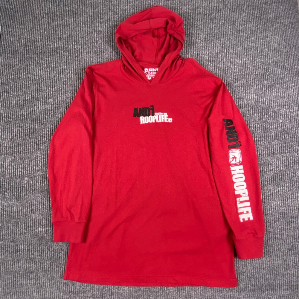 AND1 Hooplife Hoodie Mens Large Red Long Sleeve Graphic Tee Basketball Y2K